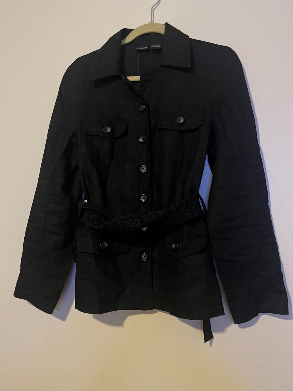 Black Women's Button-Front Belted Jacket 100% linen